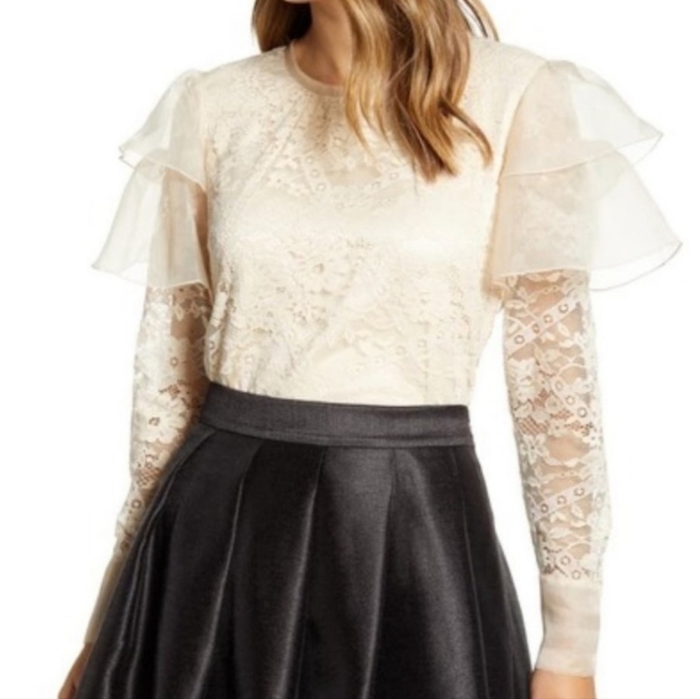 Rachel Parcell Lace Flutter Sleeve Beige Top Small